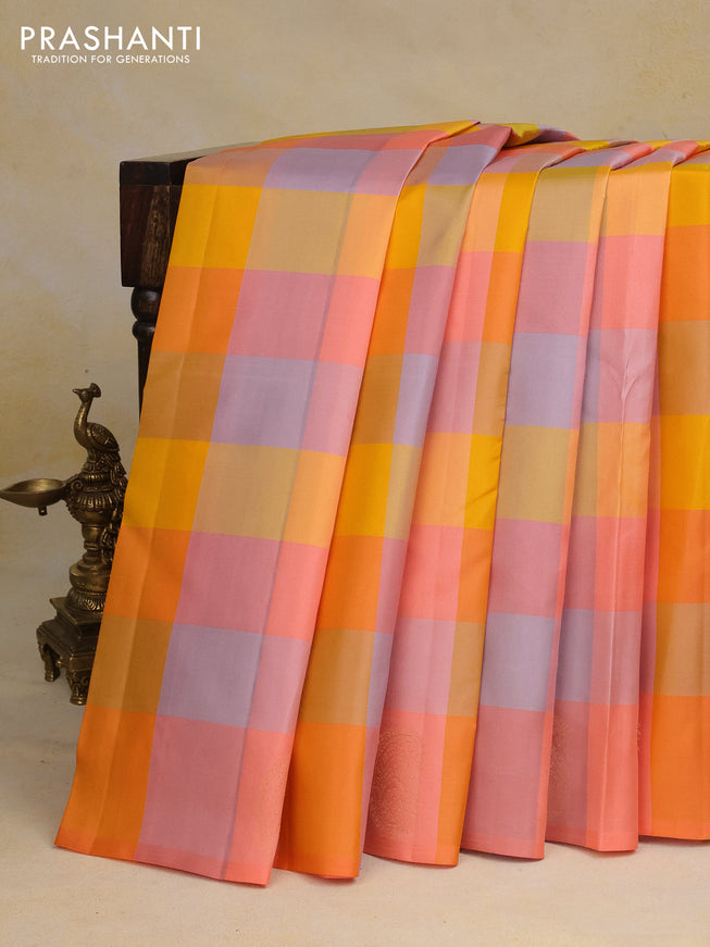 Pure kanchipuram silk saree multi colour and peach orange with allover paalum pazhamum checked pattern and zari woven butta border