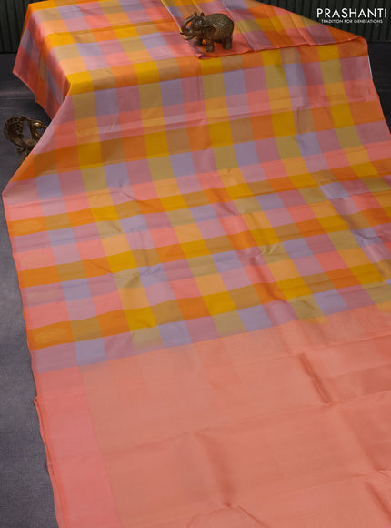 Pure kanchipuram silk saree multi colour and peach orange with allover paalum pazhamum checked pattern and zari woven butta border