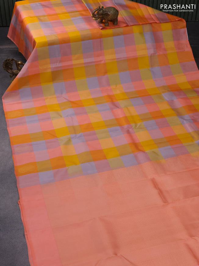 Pure kanchipuram silk saree multi colour and peach orange with allover paalum pazhamum checked pattern and zari woven butta border