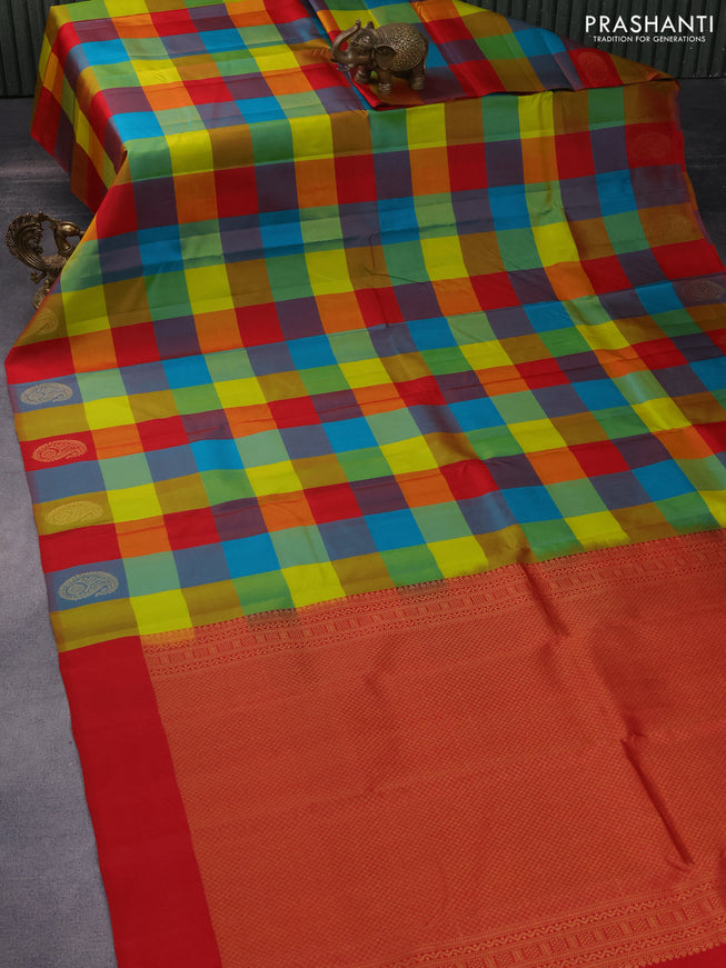 Pure kanchipuram silk saree multi colour and red with allover paalum pazhamum checked pattern and zari woven butta border