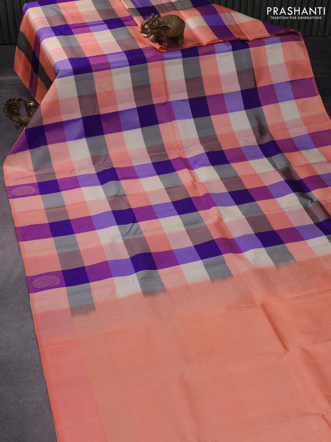 Pure kanchipuram silk saree multi colour and peach orange with allover paalum pazhamum checked pattern and zari woven butta border