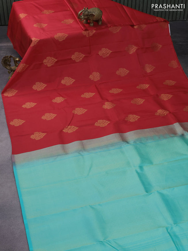 Pure kanchipuram silk saree red and teal blue with zari woven buttas in borderless style