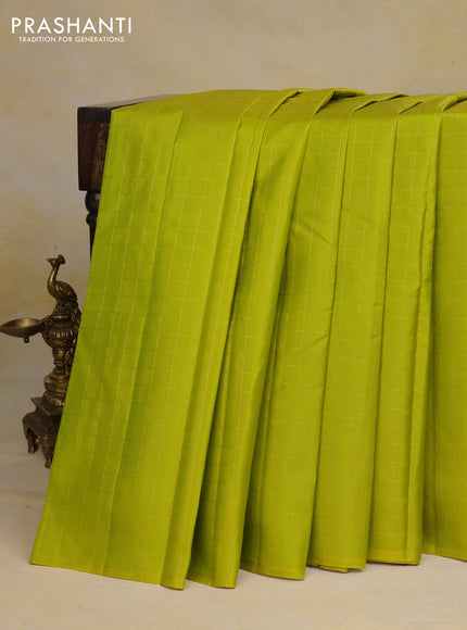 Pure kanchipuram silk saree lime green and pink with allover zari checked pattern in borderless style