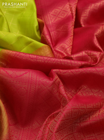 Pure kanchipuram silk saree lime green and pink with allover zari checked pattern in borderless style