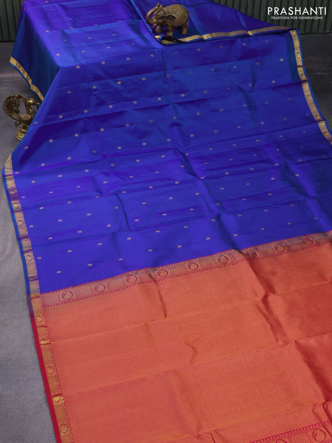 Pure kanchipuram silk saree dual shade of bluish green and pink with zari woven buttas and paisley zari woven border