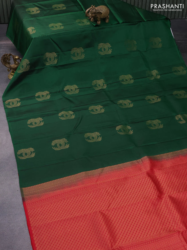 Pure kanchipuram silk saree dark green and tomato red with zari woven buttas in borderless style