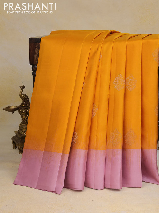 Pure kanchipuram silk saree mustard yellow and pastel pink with zari woven buttas and simple border