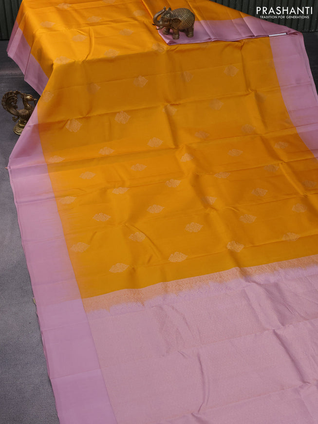 Pure kanchipuram silk saree mustard yellow and pastel pink with zari woven buttas and simple border