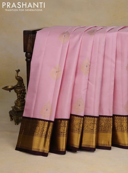 Pure kanchipuram silk saree pastel pink and wine shade with zari woven buttas and zari woven korvai border