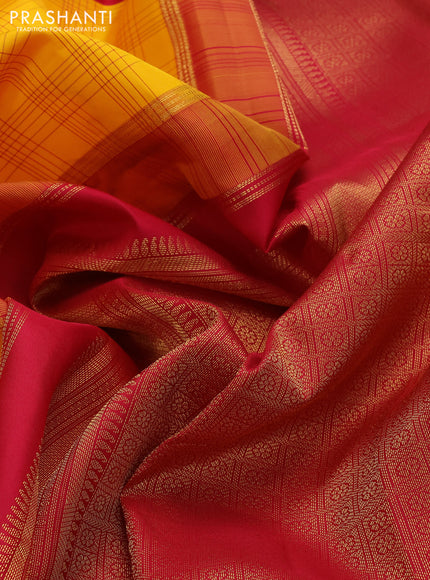 Pure kanchipuram silk saree mango yellow and pink with allover checked pattern and zari woven korvai border