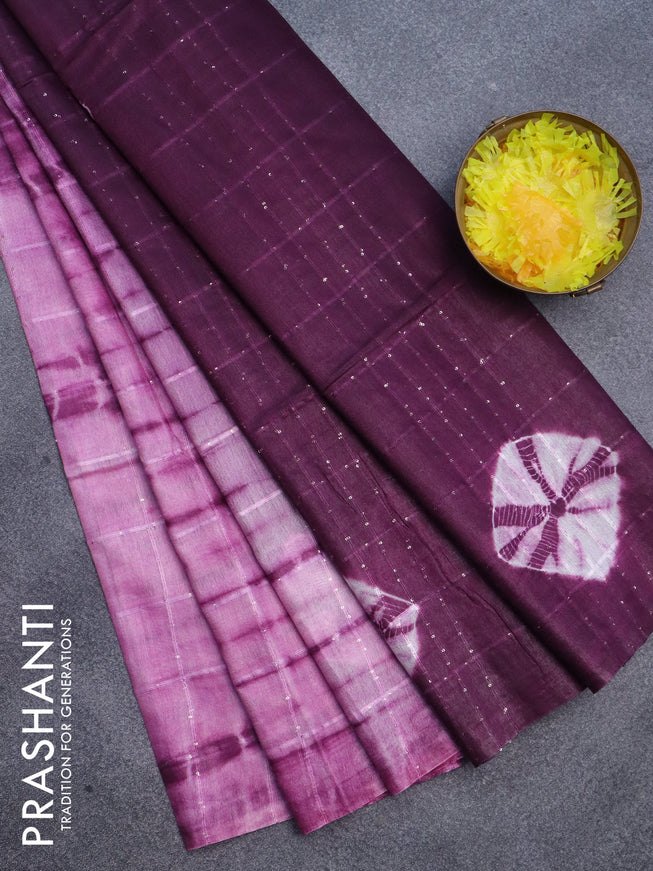 Semi bamboo saree light pink and purple with tie & dye prints & sequin work in borderless style