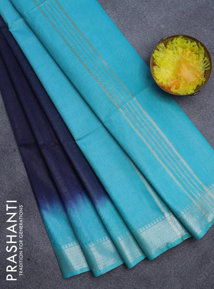 Semi bamboo saree navy blue and light blue with allover thread weaves and silver zari woven border