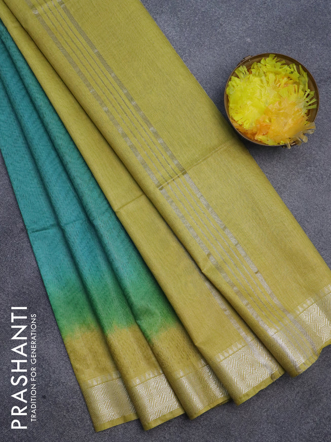 Semi bamboo saree teal blue and yellow with allover thread weaves and zari woven border