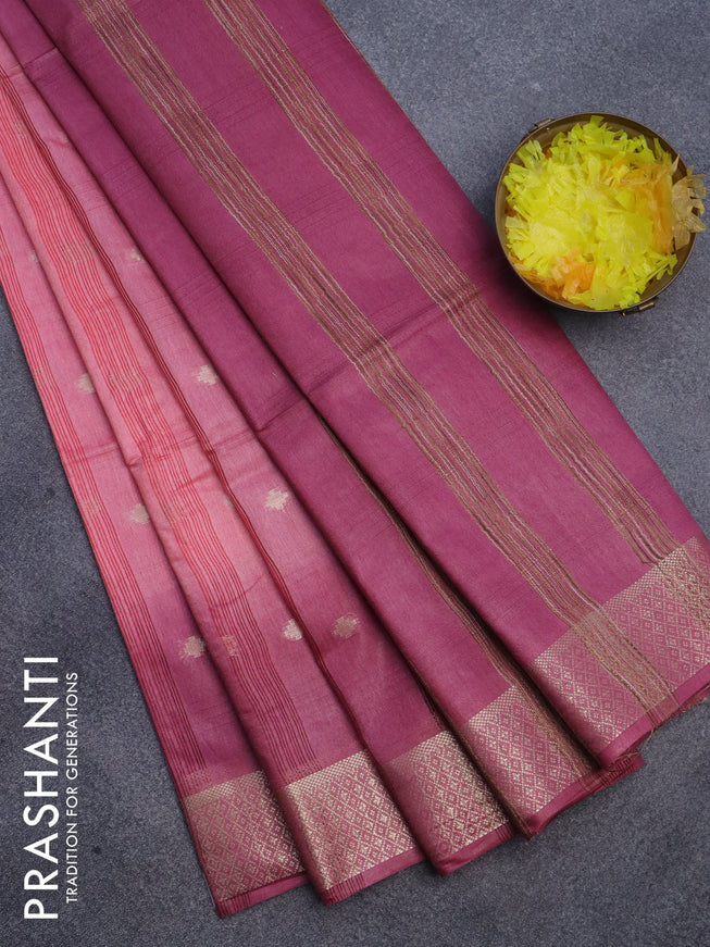 Semi bamboo saree peach pink shade and maroon shade with zari woven buttas and zari woven border