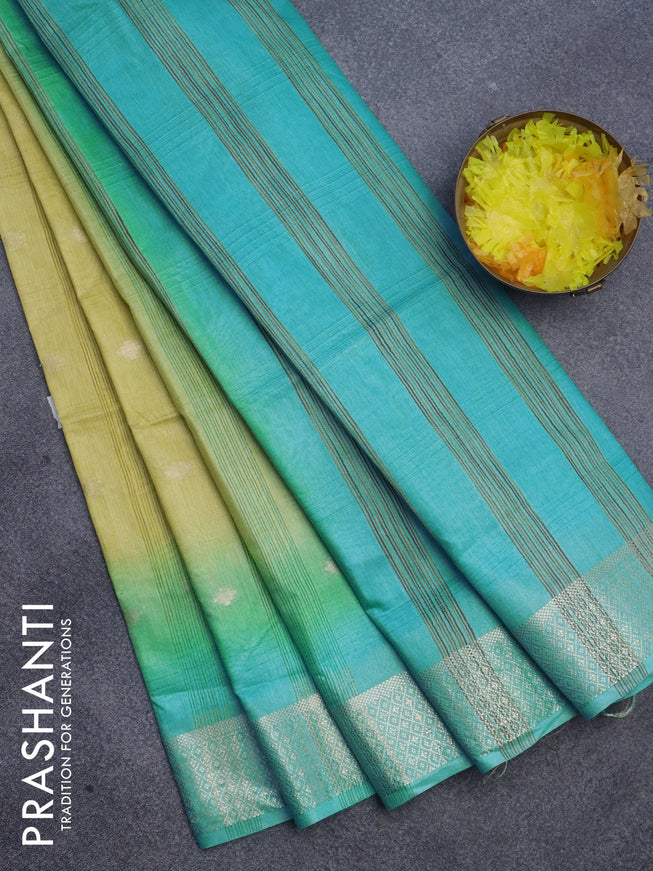 Semi bamboo saree yellow and light blue with zari woven buttas and zari woven border