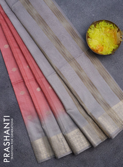 Semi bamboo saree peach pink and grey with zari woven buttas and zari woven border