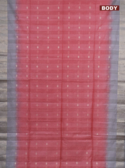 Semi bamboo saree peach pink and grey with zari woven buttas and zari woven border