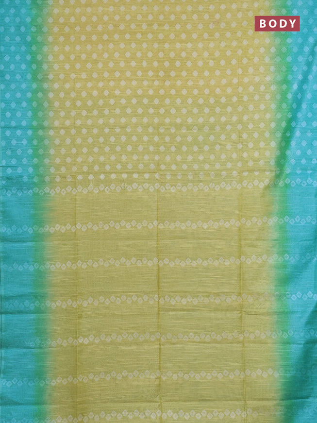 Semi bamboo saree yellow and teal blue with thread woven buttas in borderless style