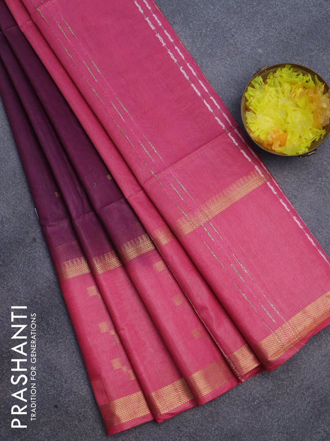 Semi bamboo saree deep purple and pink with zari woven butttas and rettpet zari woven butta border