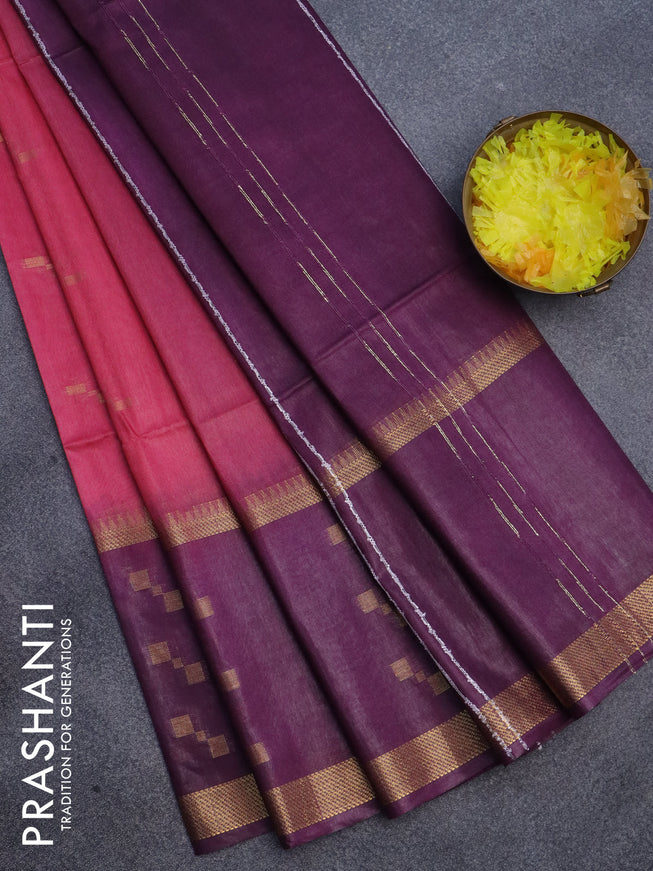 Semi bamboo saree pink and deep purple with zari woven butttas and rettpet zari woven butta border