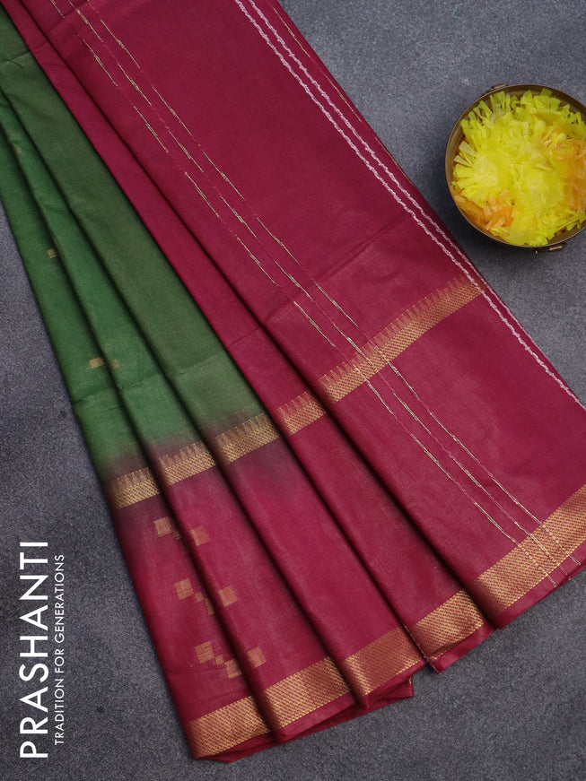 Semi bamboo saree green and maroon with zari woven butttas and rettpet zari woven butta border