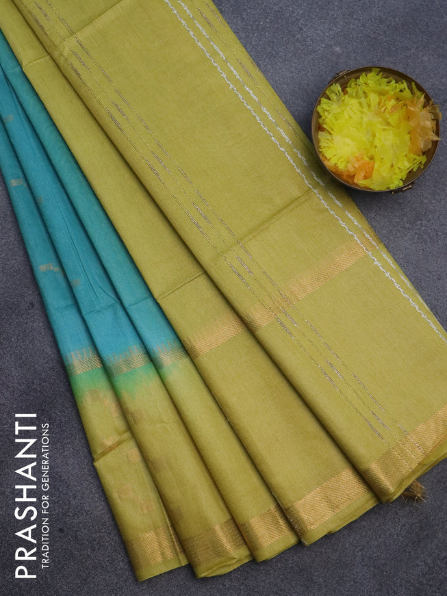 Semi bamboo saree teal blue and lime yellow with zari woven butttas and rettpet zari woven butta border