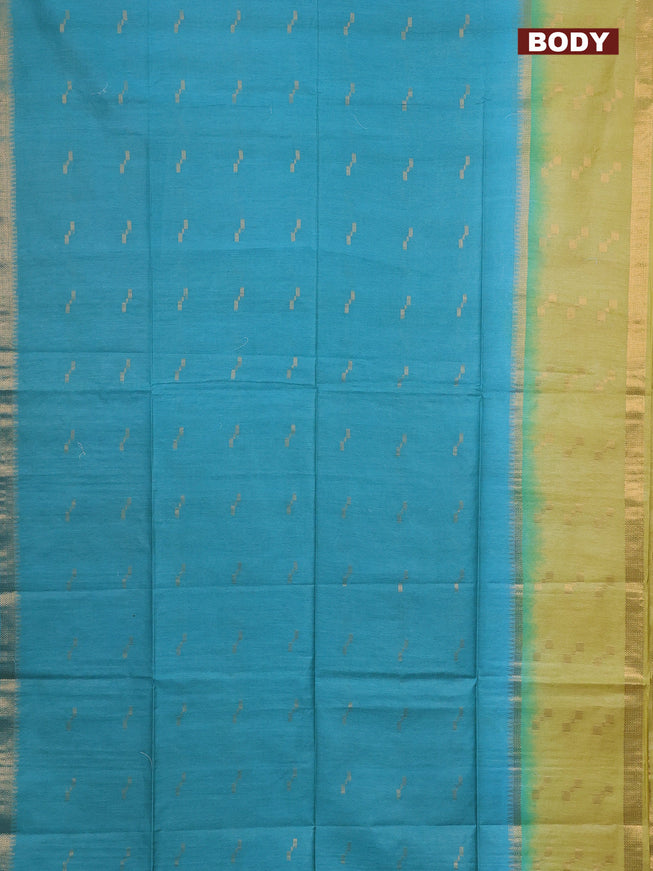 Semi bamboo saree teal blue and lime yellow with zari woven butttas and rettpet zari woven butta border