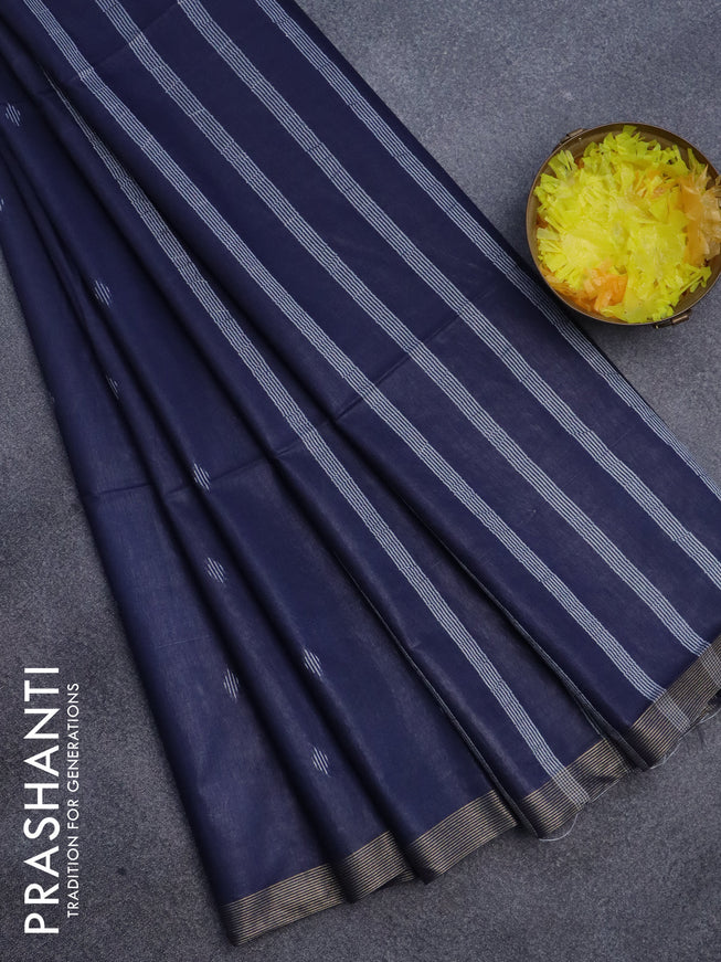 Semi bamboo saree peacock blue with allover thread woven buttas and small zari woven border