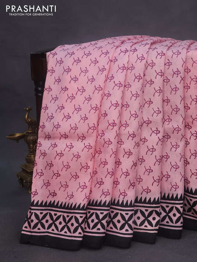 Bishnupuri silk saree light pink and black with butta prints and printed border