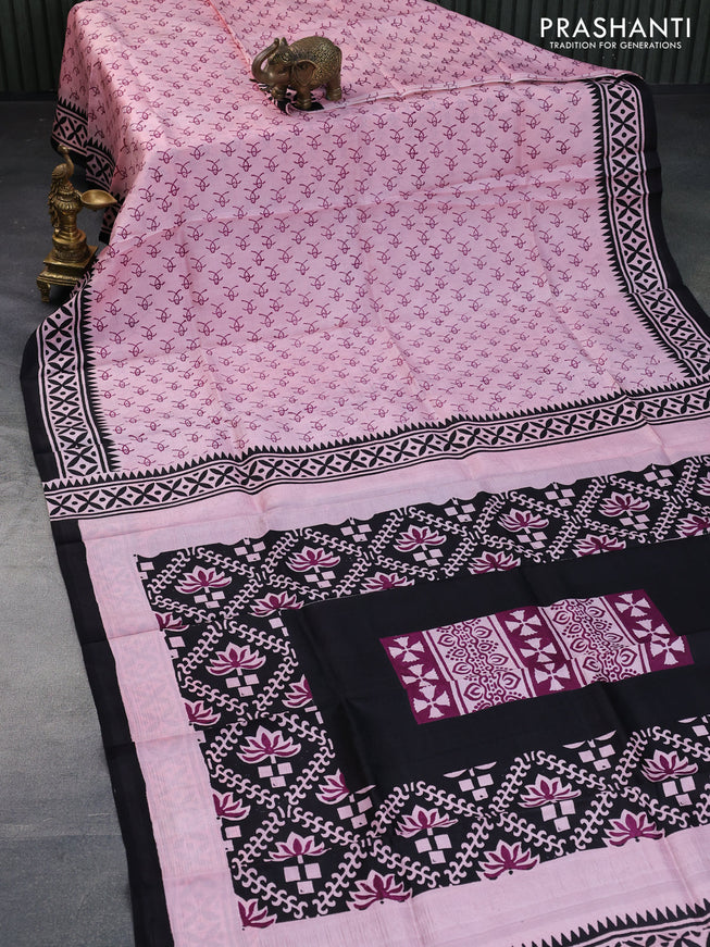 Bishnupuri silk saree light pink and black with butta prints and printed border