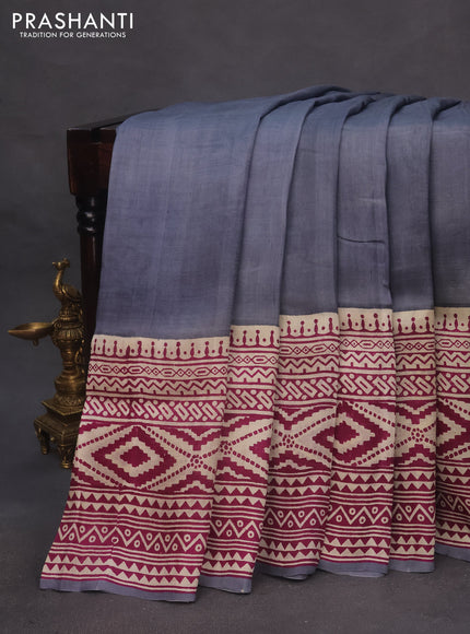 Bishnupuri silk saree grey and off white purple with plain body and long printed border