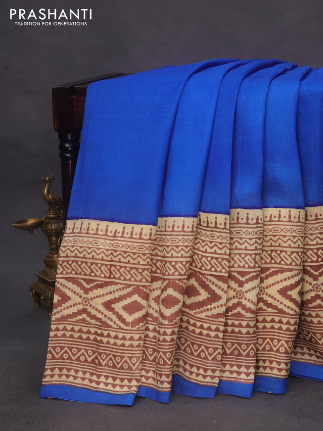 Bishnupuri silk saree blue and cream brown with plain body and long printed border