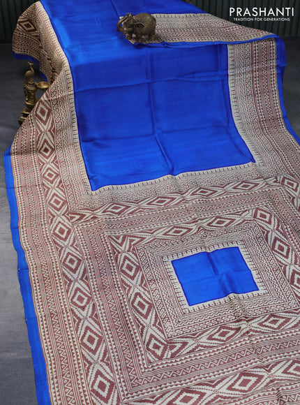 Bishnupuri silk saree blue and cream brown with plain body and long printed border