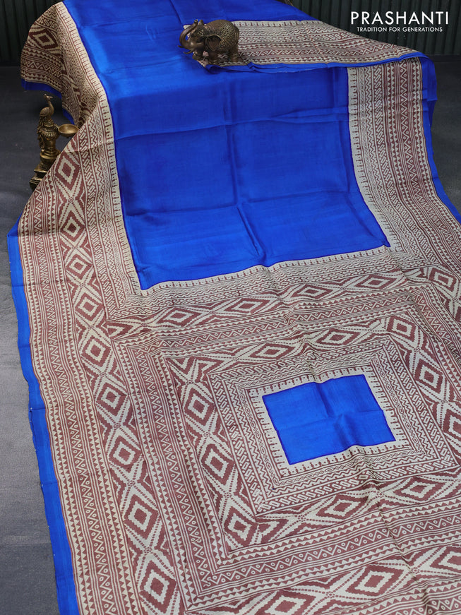 Bishnupuri silk saree blue and cream brown with plain body and long printed border