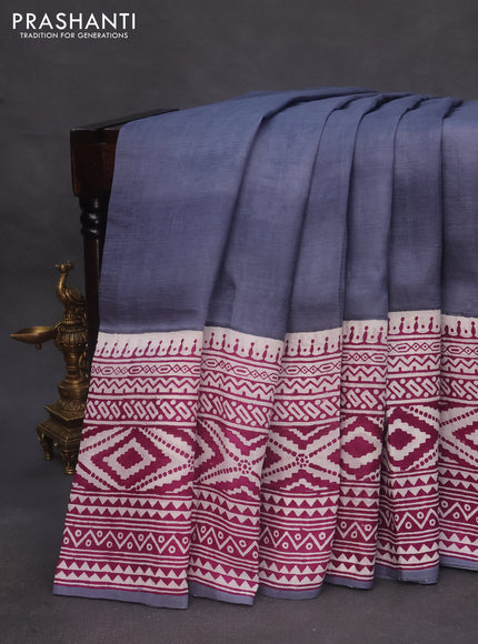 Bishnupuri silk saree grey and off white purple with plain body and long printed border