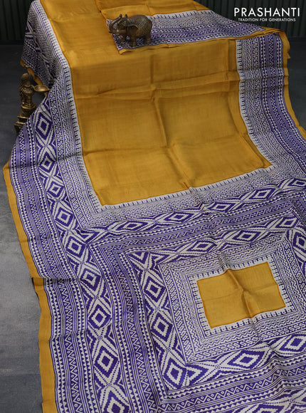 Bishnupuri silk saree mustard yellow and off white blue with plain body and long printed border