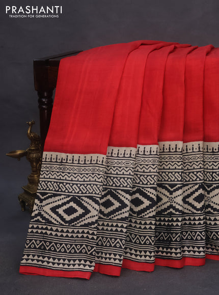 Bishnupuri silk saree red and cream black with plain body and long printed border