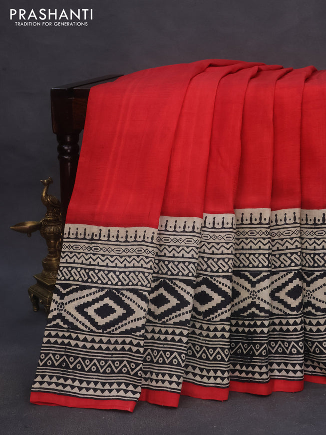 Bishnupuri silk saree red and cream black with plain body and long printed border