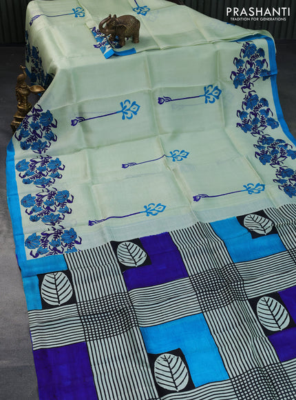 Bishnupuri silk saree pista green and cs blue with butta prints and printed border