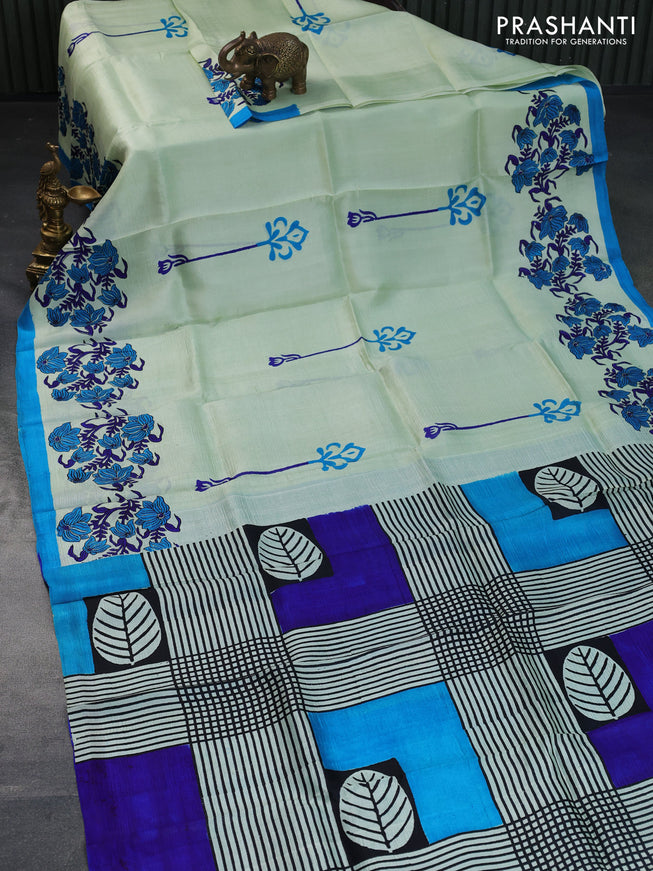 Bishnupuri silk saree pista green and cs blue with butta prints and printed border