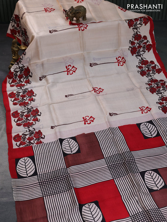 Bishnupuri silk saree cream and red with butta prints and printed border