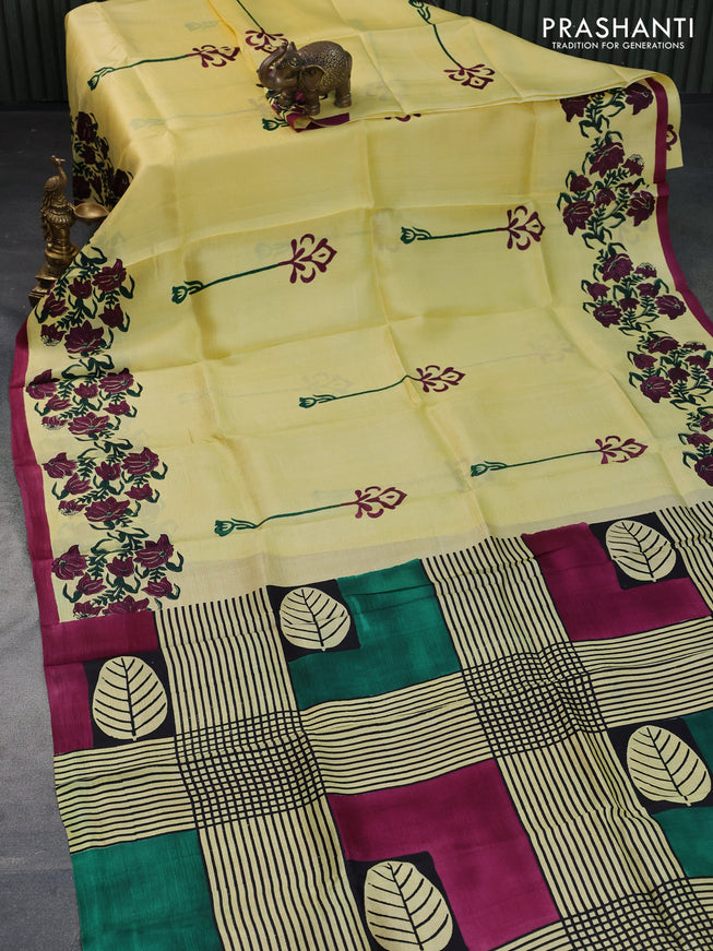 Bishnupuri silk saree pale yellow and maroon with butta prints and printed border