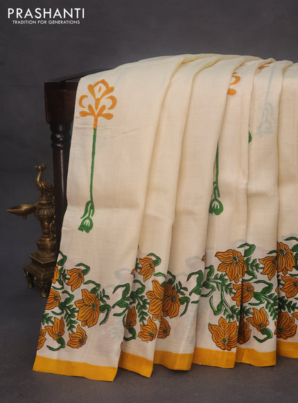 Bishnupuri silk saree cream and yellow with butta prints and printed border