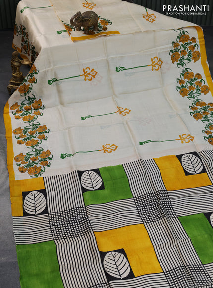 Bishnupuri silk saree cream and yellow with butta prints and printed border