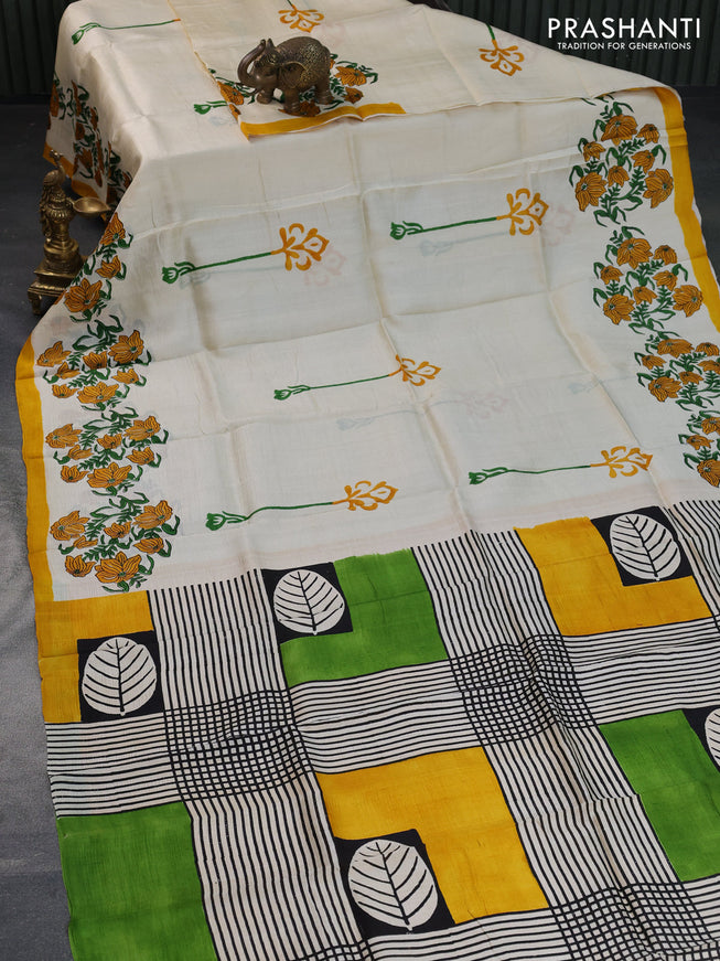 Bishnupuri silk saree cream and yellow with butta prints and printed border