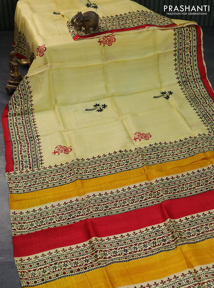 Bishnupuri silk saree yellow and red with butta prints and printed border