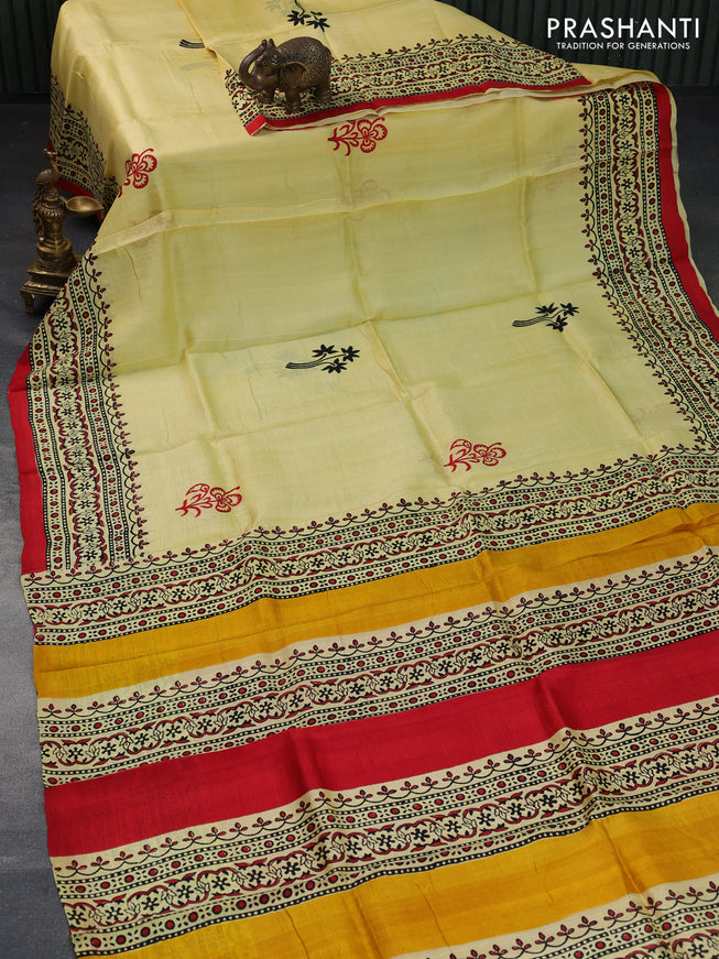 Bishnupuri silk saree yellow and red with butta prints and printed border