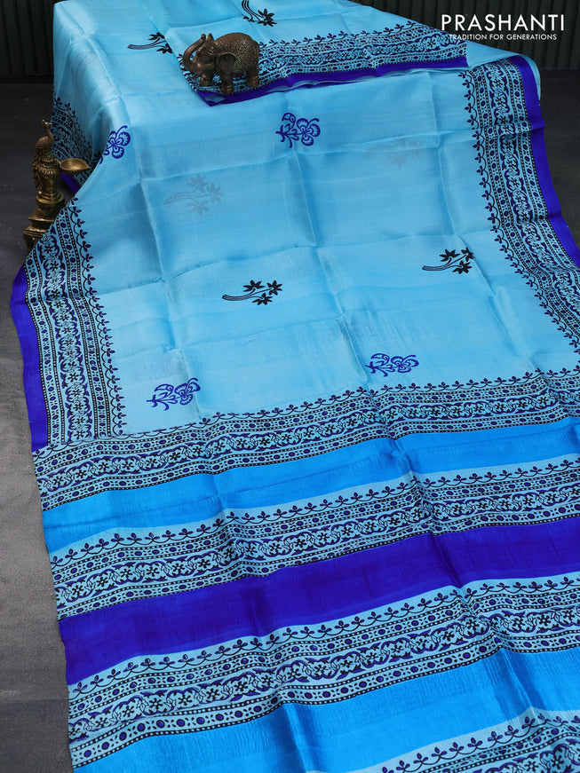 Bishnupuri silk saree light blue and royal blue with butta prints and printed border