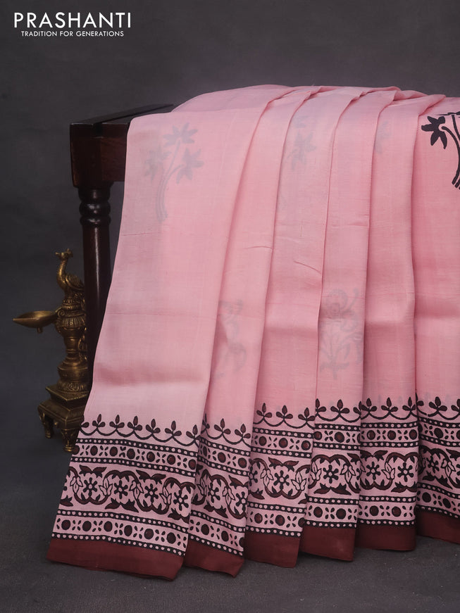 Bishnupuri silk saree light pink and brown with butta prints and printed border