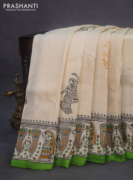 Bishnupuri silk saree cream and green with butta prints and printed border